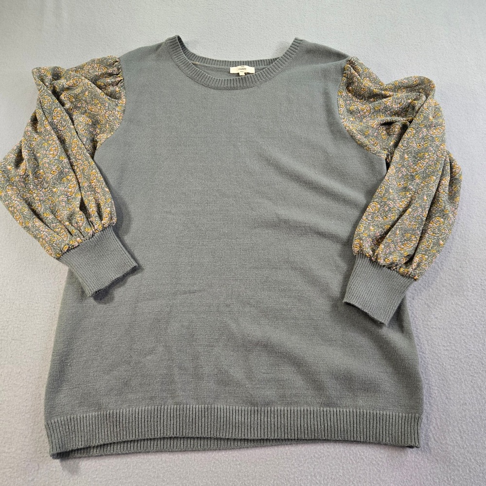 Entro Sweater Womens 1X Green Mixed Media Paisley Balloon Sleeve Knit T16611P